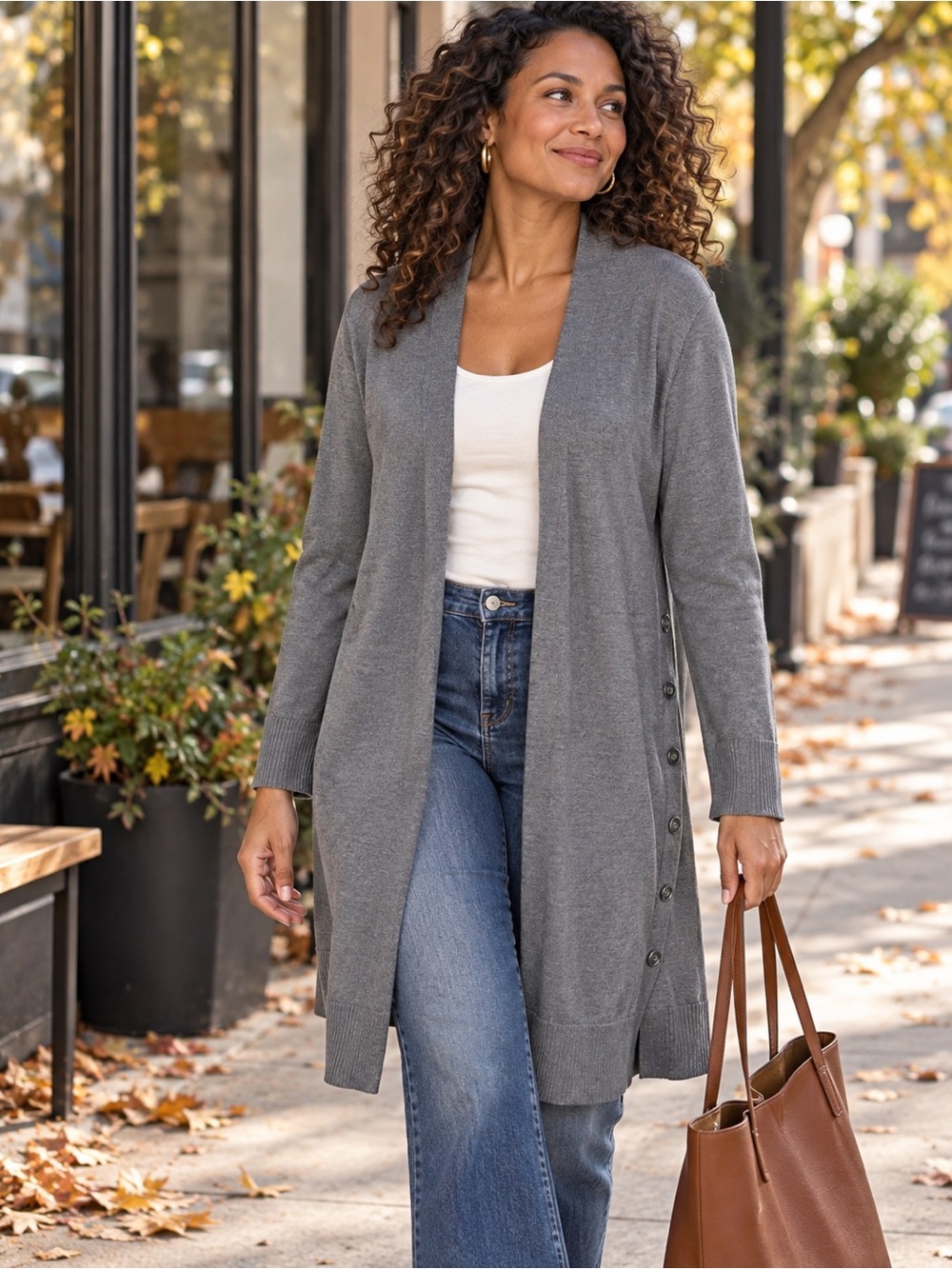 TAHARI Gray Merino Wool Blend Long Open Cardigan Side Button Duster XL